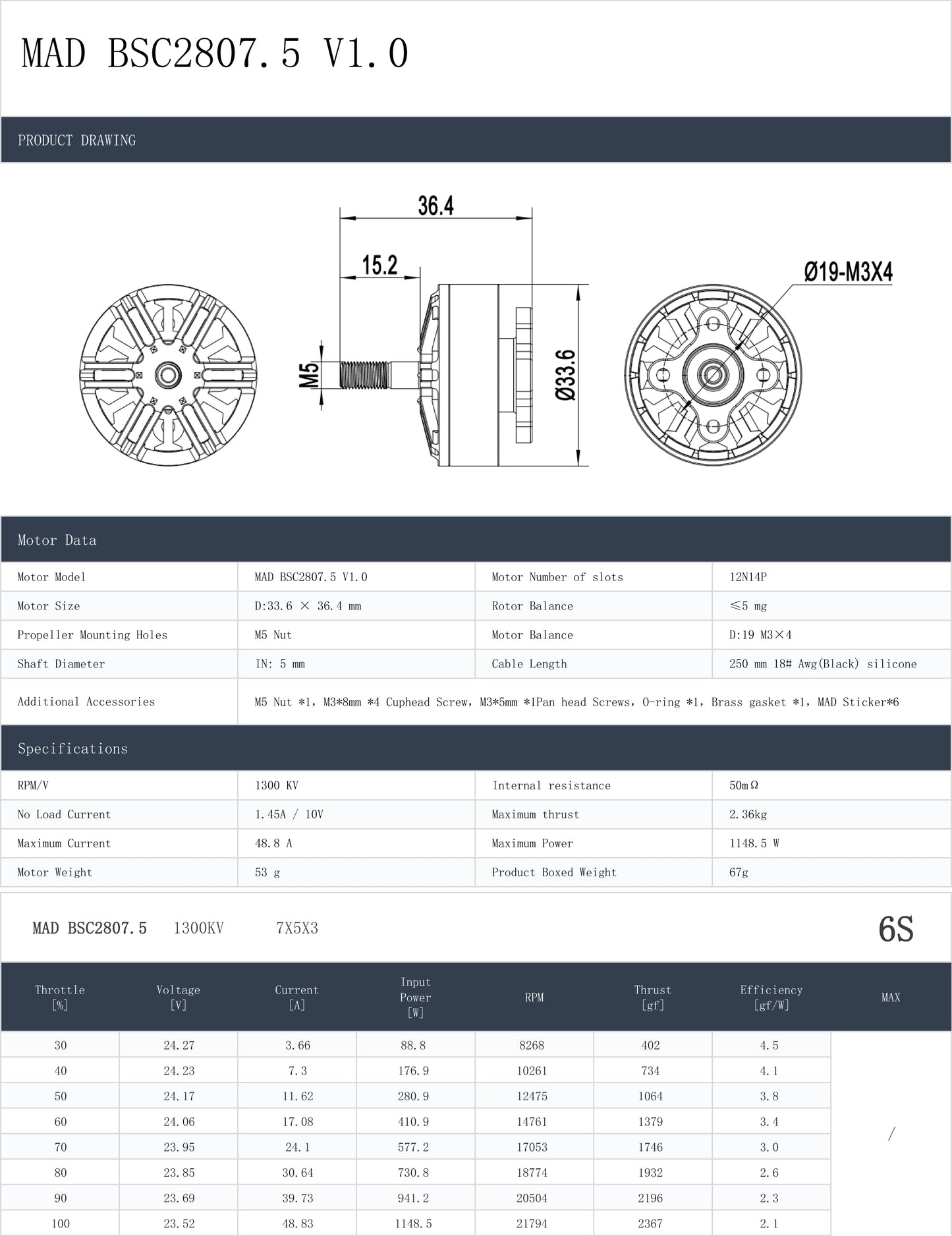 BSC2807.5 - 1300KV MOTOR OEM by MAD Components '24